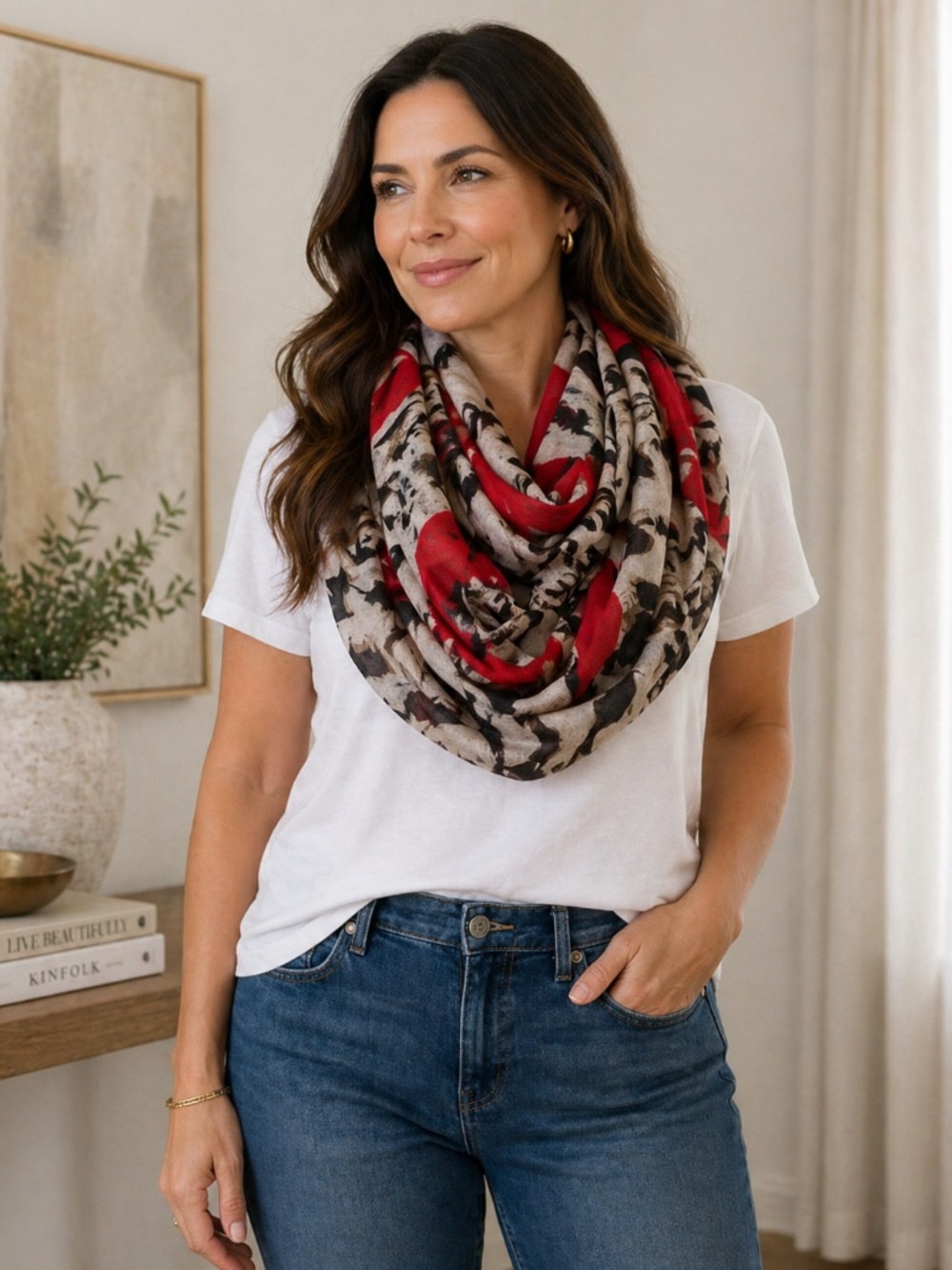Leopard Print Infinity Scarf Red Heart Accent Lightweight Gauze Loop Scarf